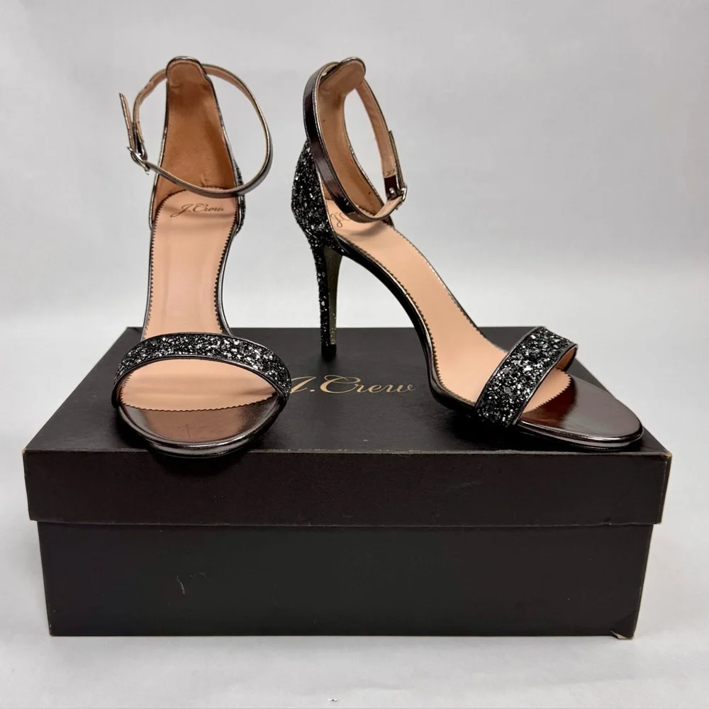 NEW - J. Crew Riley Sandal Stiletto Heels Silver Gunmetal Glitter Size 9.5 NIB